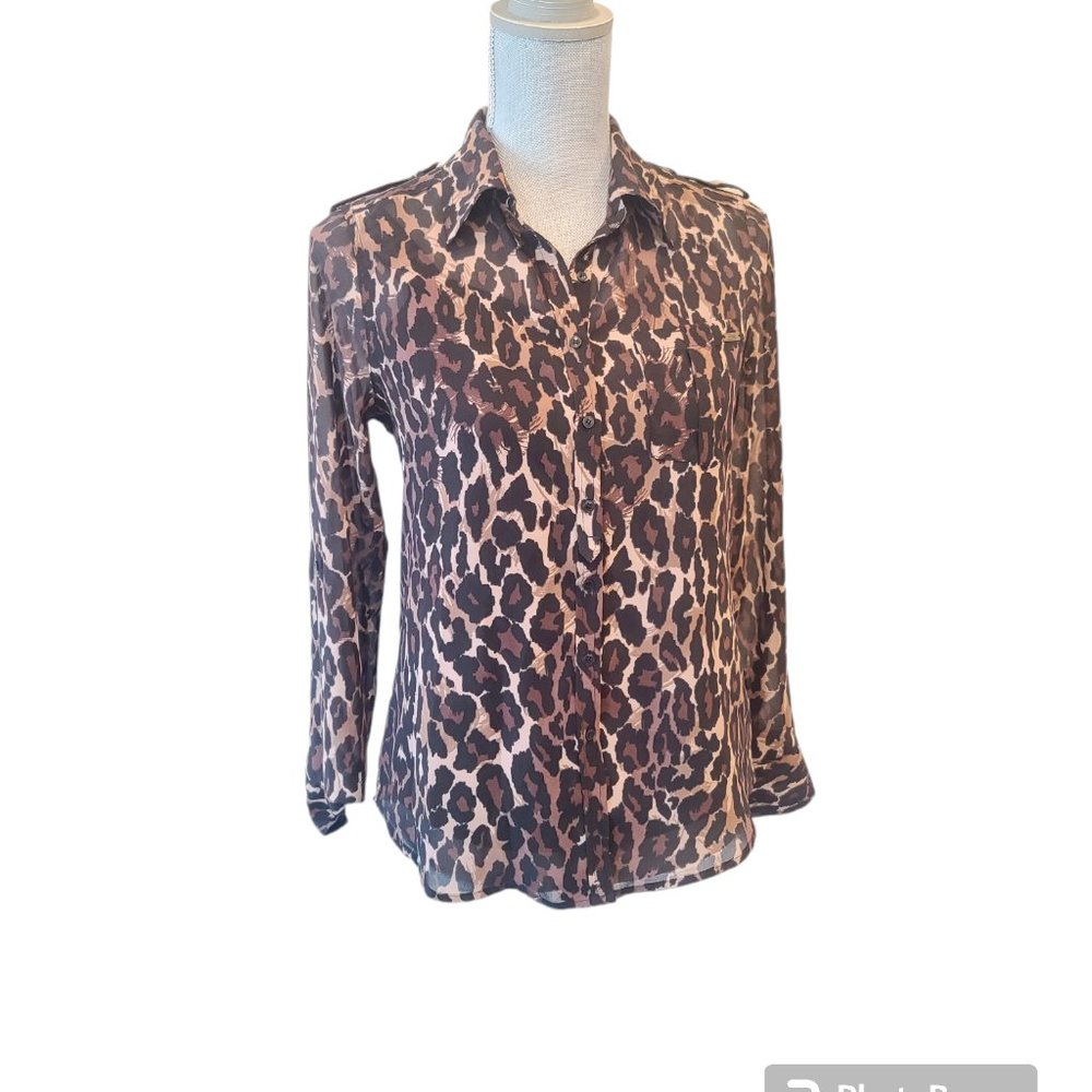 GUESS womens leopard animal print long sleeve sheer button down blouse
